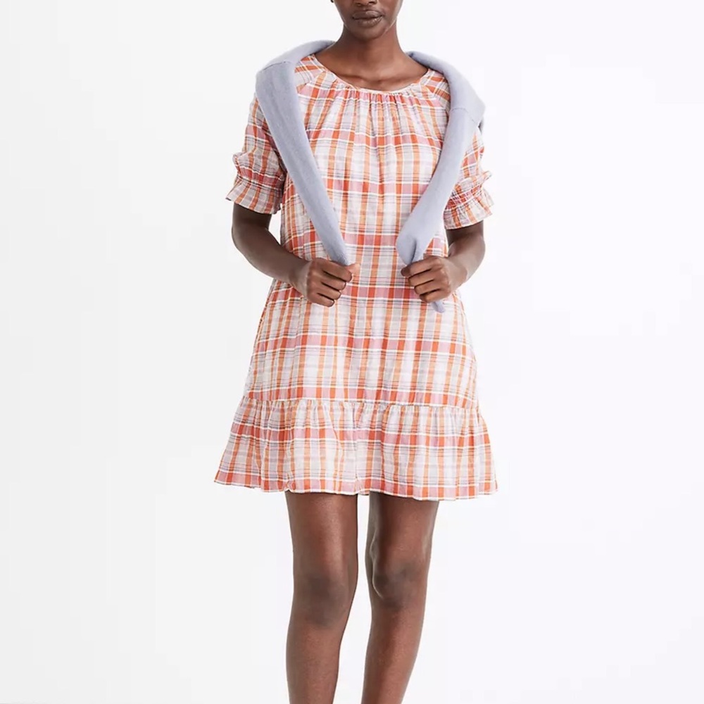Madewell Plaid Ruffle- Sleeve Popover Mini Dress
